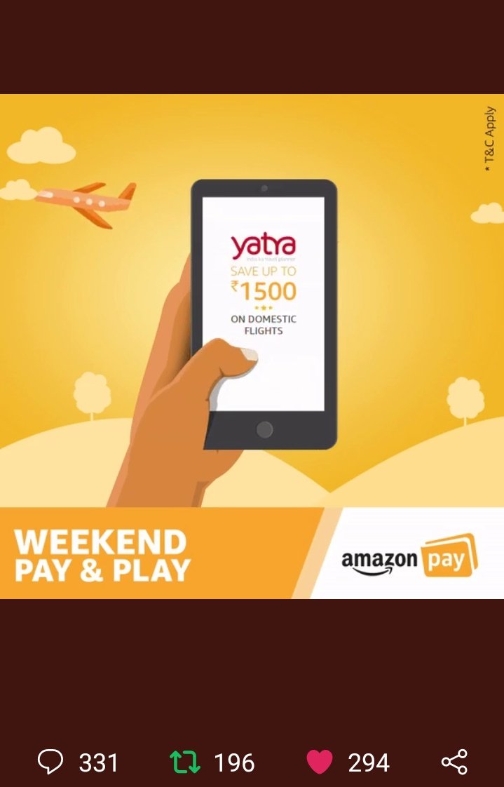 Racer_Veb's tweet photo. @amazonIN @YatraOfficial Here Is My Screenshot Team, 1500 Off On Domestic Flights Booked Through @YatraOfficial , Valid Till 4th August, Once Per User !
#WeekendPayAndPlay
Join
@CD007_
@blessedkamal
@Sagar2612
@umeshkumar874
@girija_kriz
@chandra_mani38
@sanchitabhartiy
@Vae_2Climb
@sd12dec https://t.co/YVoilsV7bX