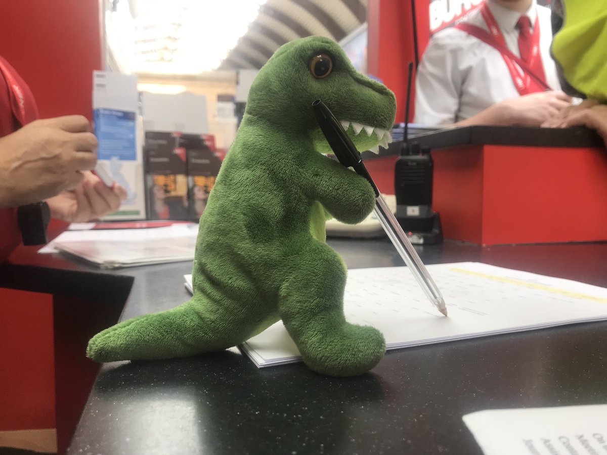 Smiler_Quinn's tweet photo. Rex has been left here at #YorkStation so long, that we have recruited him.... his tiny hands are struggling to use the telephone though!! #rawr #AdventuresOfRex @LNER https://t.co/bJttnuE2Zx