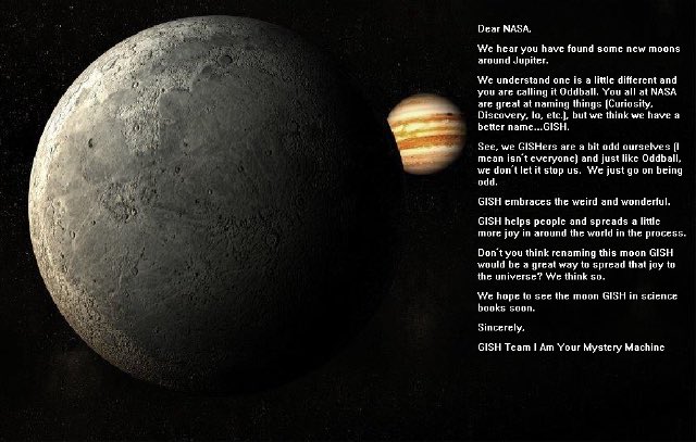 mcmenamyk's tweet photo. @ NASA you named a treadmill for Stephen Colbert, how about naming a moon for #GISH ? https://t.co/E6qMCAJ9Zo