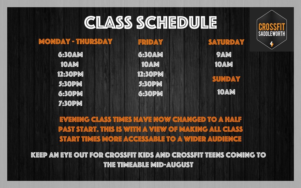 ///-// New class schedule 

The evening classes have not been changed to a half past start; 5:30pm / 6:30pm / 7:30pm

Along side the class times we also have open gym available from 6:30am - 1:30pm / 3:00pm - 8:30pm