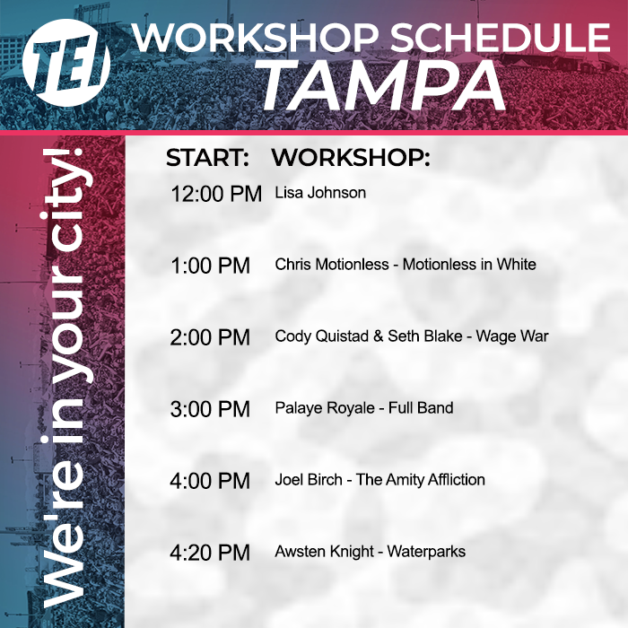 thinktei's tweet photo. Tampa!!! Come say hi!
Today our TEI tent is by the Hope for the Day tent and Plug Your Holes tent. 
Please note, check in for your workshop 10 minutes before the start time by the blue TEI flags by the amphitheater beside the schedules and red Vans tent. https://t.co/a2RgMe98tR