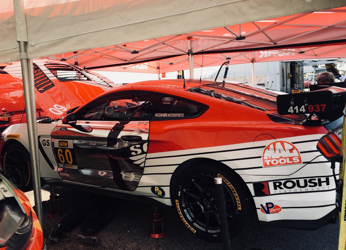 Ford spirit: Monumental 8-hr effort by <a href="/KohR_MS/">KohR Motorsports</a> to get No. 60 Mustang GT4 on track <a href="/roadamerica/">Road America</a> this morning after Fri accident. Ford engineer drove spare chassis from team shop in Mich. Installed original drivetrain, suspension &amp; bodywork. Ready to go #CTRRS