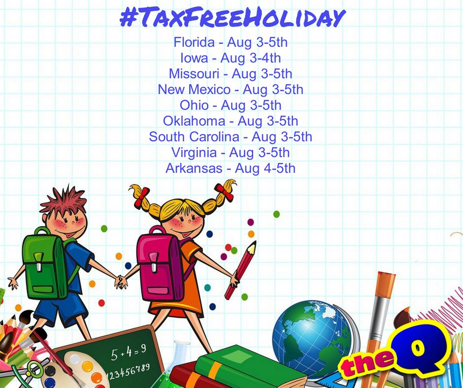 theQStation's tweet photo. Are you shopping for back to school supplies? It's a #TaxFreeHoliday in many states this weekend. Visit https://t.co/nEfU60T9JJ for details. https://t.co/GkxZs82pct