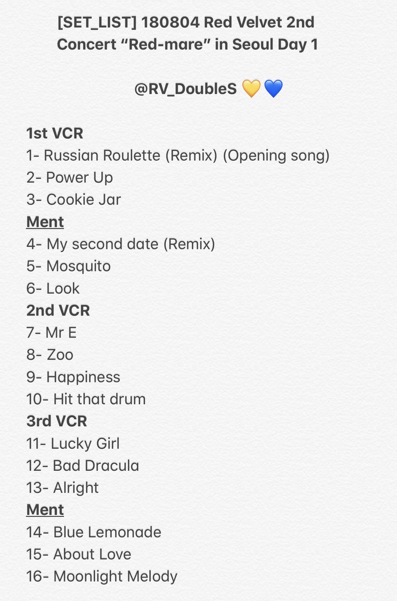 Hi Todayis Doubles On Twitter Set List 180804 Red Velvet 2nd Concert Redmareinseoul Day1 Doubles Https T Co Azaqmvxxzj Twitter