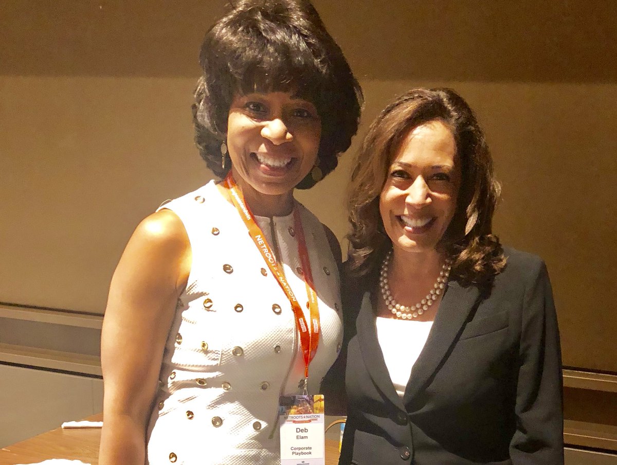 DebGrant's tweet photo. Waiting to hear my dear friend @KamalaHarris speak at @Netroots_Nation yesterday. She was outstanding. So proud of her. #NetrootsNation2018 #LeadershipMatters https://t.co/GkZ0gWX4DK