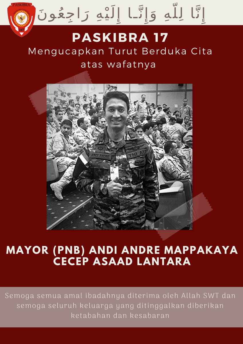إِنَّا لِلّهِ وَإِنَّـا إِلَيْهِ رَاجِعُونَ
Telah berpulang ke Rahmatullah kakanda Mayor (pnb) Andi Andre Mappakaya Cecep Lantara pada Jumat, 3 Agustus 2018. Semoga amal ibadah kakanda diterima oleh Allah SWT dan mendapat tempat terbaik di sisi-Nya. Aamiin ya rabb.