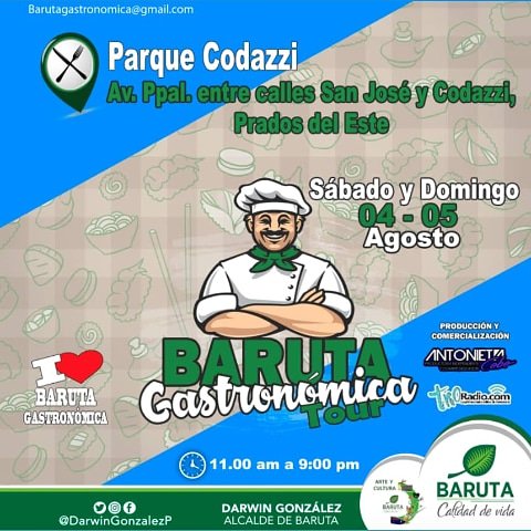 Hoy #Sábado #4Ago y mañana #Domingo #5Ago estará presente  "Baruta Gastronómica Tour" en el Parque Codazzi en Prados del Este, desde las 11AM hasta las 9PM , los dos días.¡No te lo pierdas! Ven y  pasa un rato en familia al aire libre y probando diferentes comidas muy deliciosas.