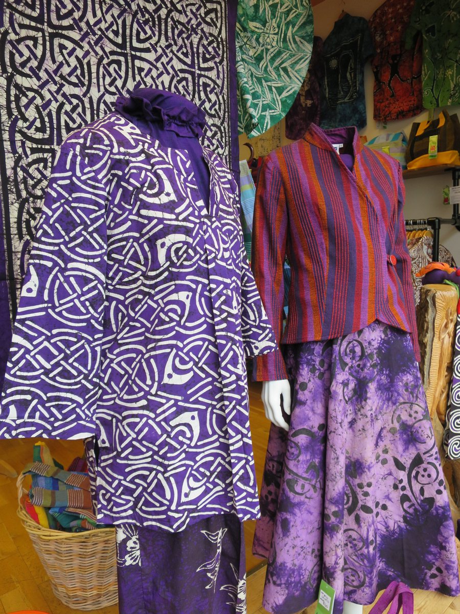 An overload of purple in the window, non-stop squiggle (formerly known  as a member of the royal family) on the music system. Guess whose last  day it is?  Bye bye M, we are going to miss you #purple #batiks #isleofsye #wishuwerehere