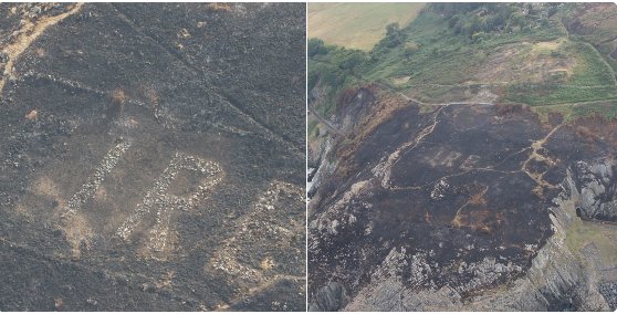 GardaTraffic's tweet photo. A Garda Air Support Unit crew spotted that the fire on Bray Head has revealed an “EIRE” sign dating from the Second World War. 

We see these around the coastline but haven’t seen this before. https://t.co/I6cwIrIori