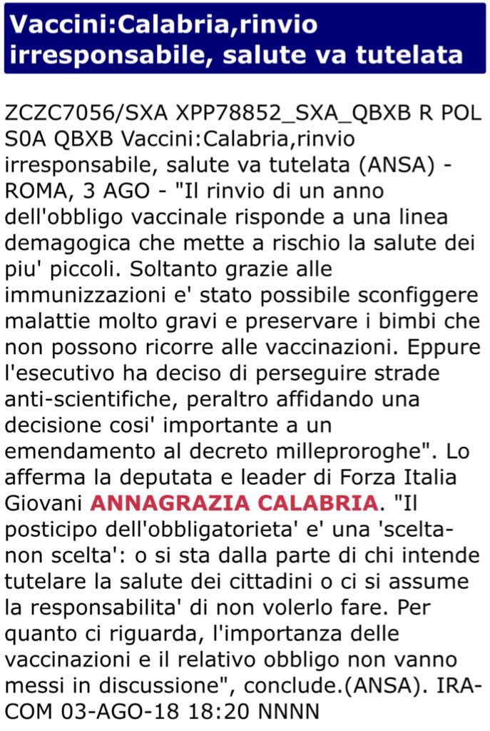 CalabriaTw's tweet photo. #vaccini. Il governo ha deciso di perseguire strade anti-scientifiche, peraltro affidando una decisione cosi' importante a un emendamento al decreto #milleproroghe...

Il vaccino è la legittima difesa di tutti i bambini! #ForzaItalia https://t.co/vJtUkEFElB