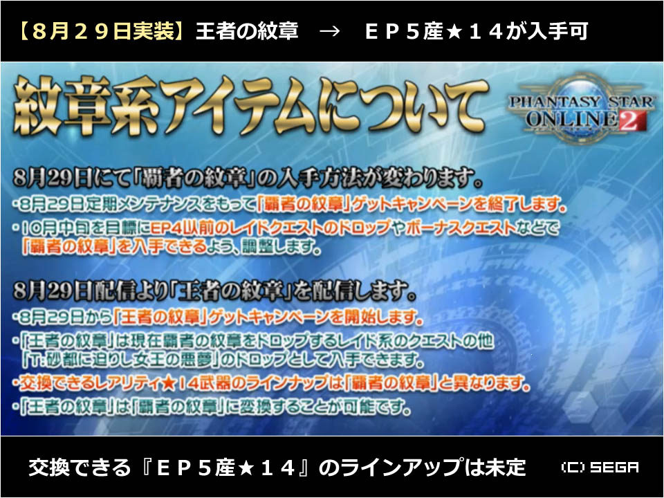 تويتر 生涯pso على تويتر Auw1975 5ヶ月ぶり続報 8月29日に 王者の紋章 を実装 王者の紋章 を集めると 一部の Ep5産 14 強化値上限 30 と交換可 交換品のラインアップは未定ゆえ デモニア も交換できるかは不明 なお 王者1 覇者2 に変換可 تويتر 生涯pso على تويتر Auw1975 5ヶ月ぶり続報 8月29日に 王者の紋章 を実装 王者の紋章 を集めると 一部の Ep5産 14 強化値上限 30 と交換可 交換品のラインアップは未定ゆえ デモニア も交換できるかは不明 なお 王者1 覇者2 に変換可