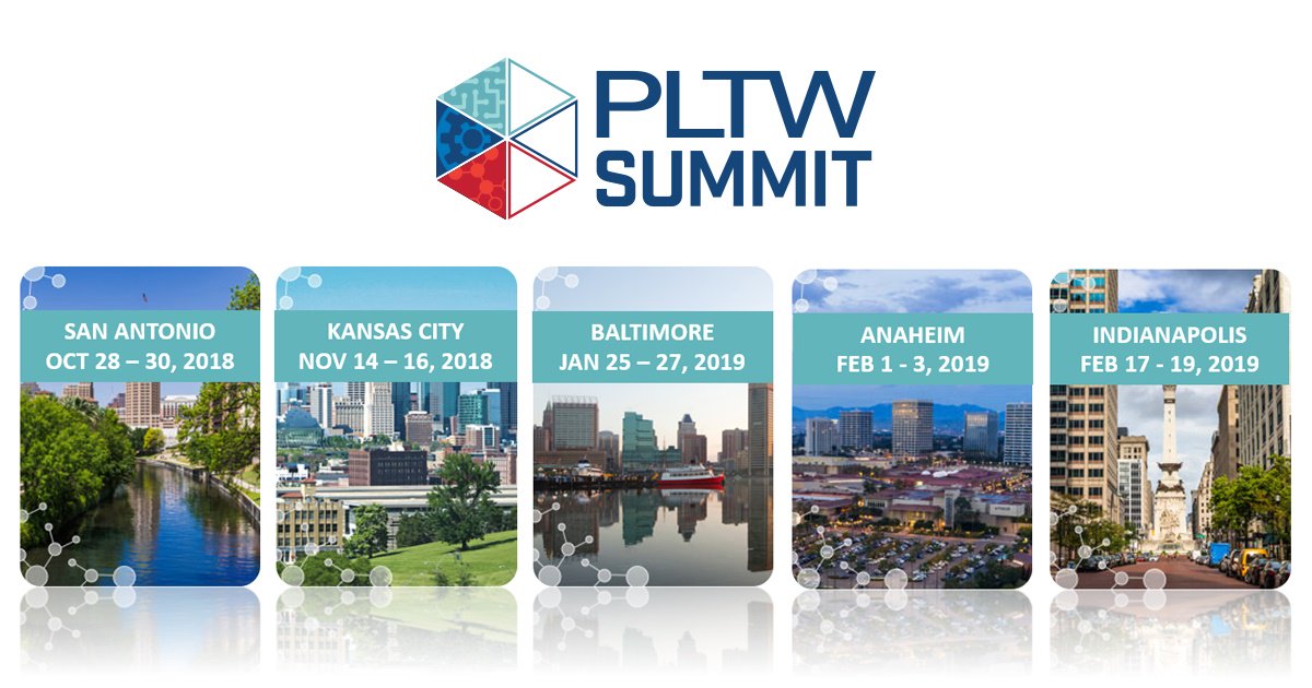 PLTWorg's tweet photo. Registration for #PLTWSummit is open! Five cities. Five dates. One amazing experience. Register today! https://t.co/C1ByW3VciM #PLTWSummit https://t.co/311oS9zxck