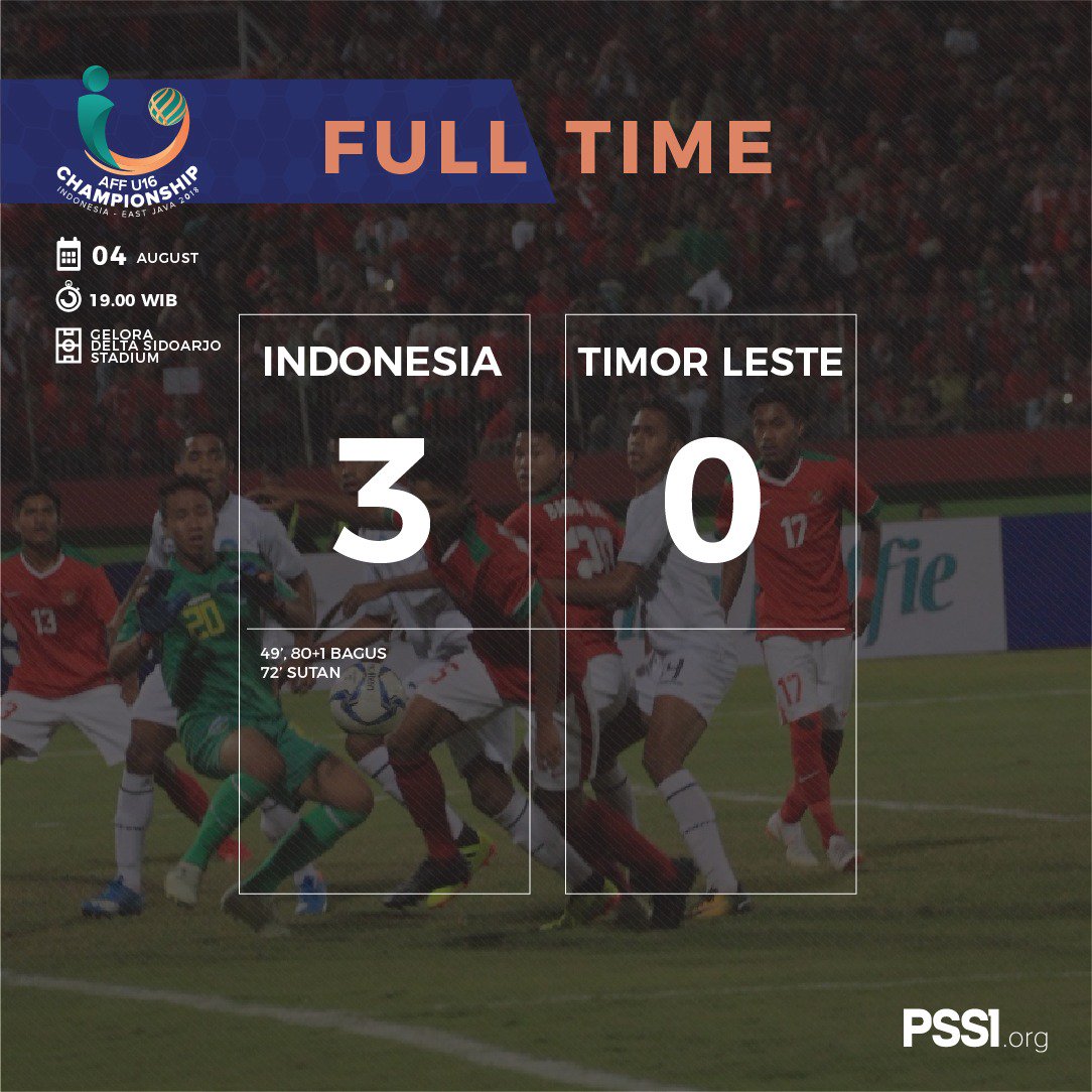 PSSI's tweet photo. Indonesia memastikan tiket semifinal AFF U-16 Championship 2018 setelah menang tiga gol tanpa balas dari Timor Leste.

#PSSINow #KitaGaruda #AFFU16 https://t.co/RRO1fQtD88