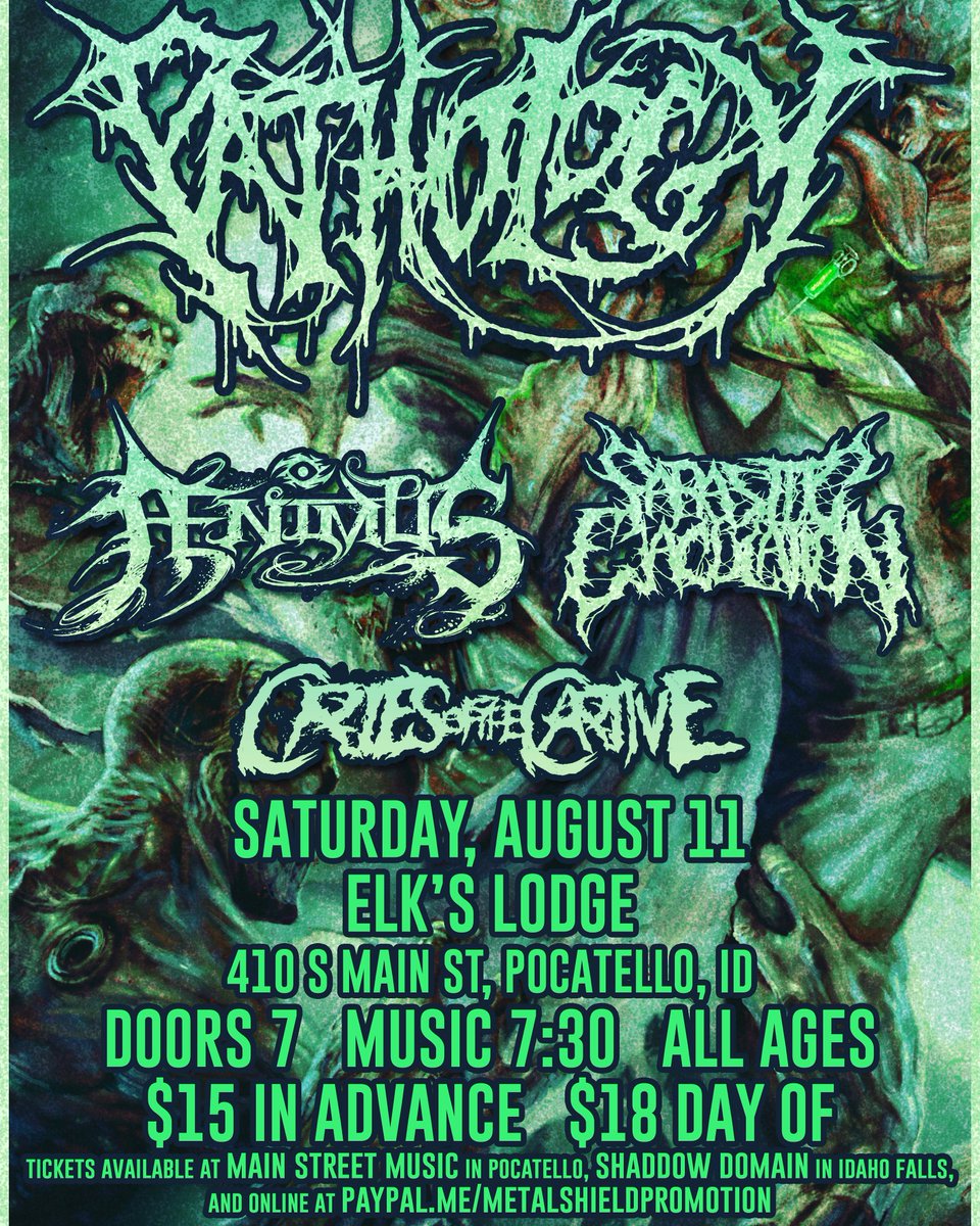 Saturday August 11 in Pocatello Idaho! All Ages show! Spread the word! <a href="/PathologyMetal/">Pathology</a> <a href="/aenimusofficial/">Aenimus</a> <a href="/ParasiticEjac/">ParasiticEjaculation</a> @criesofthecaptive #idahoextrememusic