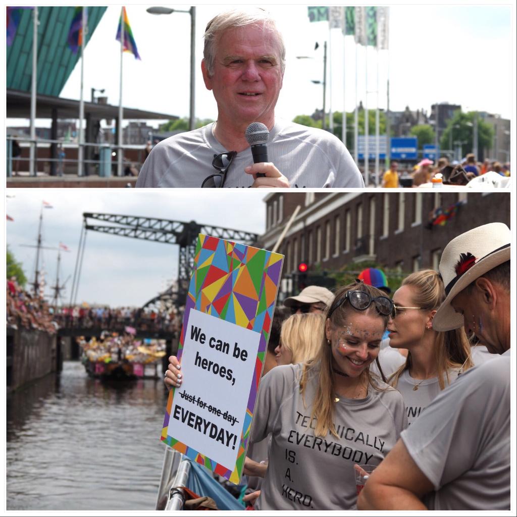 ASMLcompany's tweet photo. Proud to see this high tech boat in the Amsterdam canals for #pride2018 today! ASML's President and CTO Martin van den Brink joined our employees to stand tall for inclusiveness and diversity in the world of high-tech. https://t.co/hS0uEHUsJV