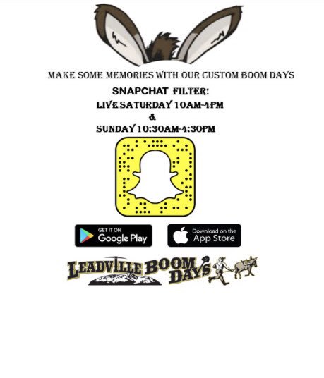 boom_days's tweet photo. Boom Days is going social this year, local @Snapchat filter goes live at 10:00AM today! Add some Burro ears to all of your photos 🐴 https://t.co/Grc4Izt322