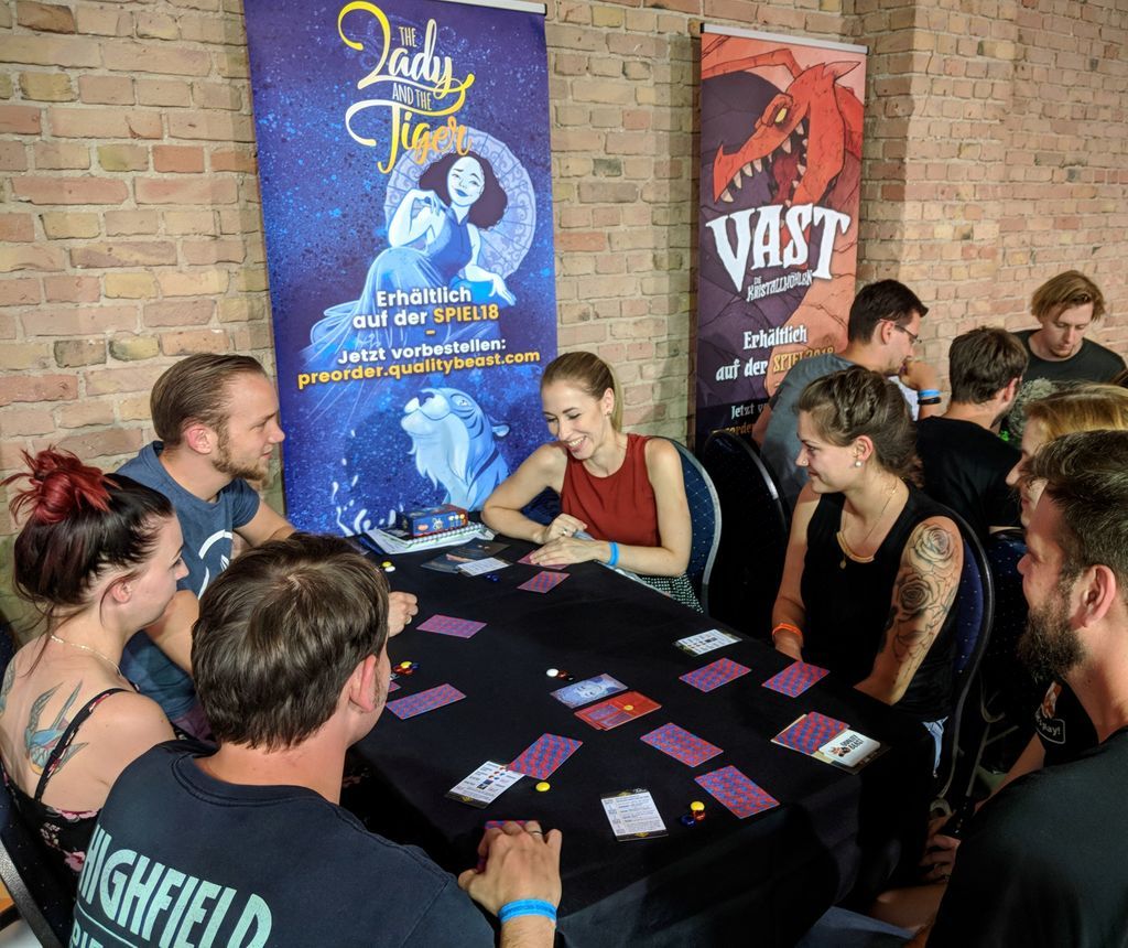 _QualityBeast's tweet photo. Without our amazingly bright and lively translator and gamerunner, Eva Becker, #TheLadyAndTheTiger would not be coming out in German at all. Thank you, Eva, for your hard work and wonderful energy, keeping the booth packed the entire weekend at #BerlinCon18! https://t.co/9pxaAi15a7