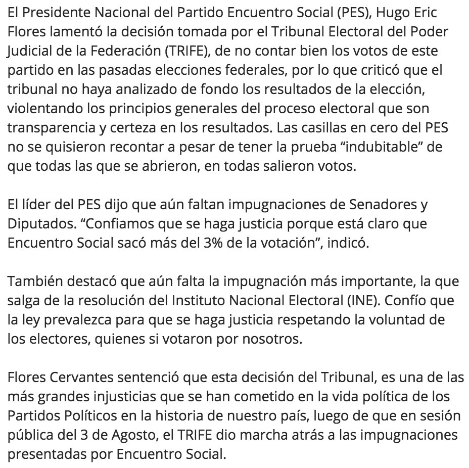 “Es una pena que el Tribunal no haya entrado a estudiar los asuntos de fondo pues no se contaron y se distribuyeron bien los votos de Encuentro Social”, <a href="/hugoericflores/">Hugo Eric Flores Cervantes</a>