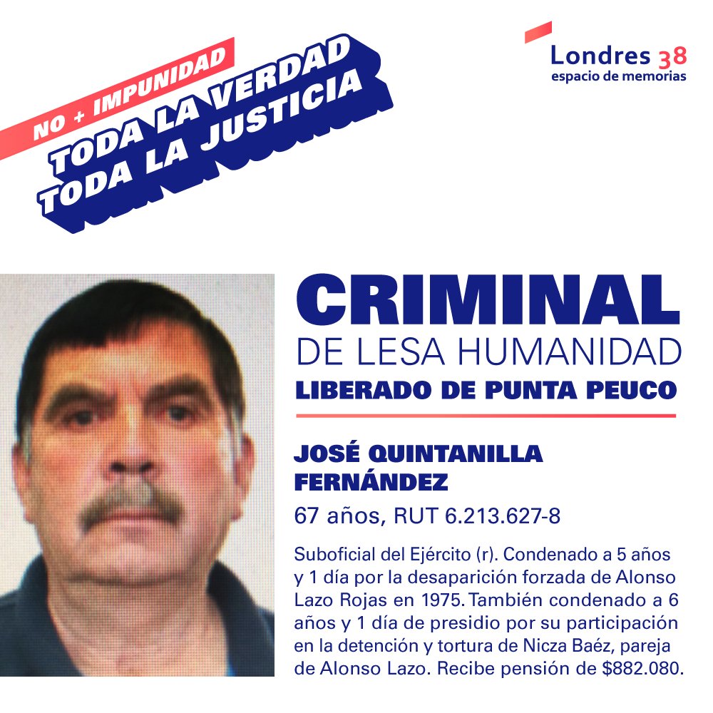 Aquí su rostro: José Quintanilla Fernández,  autor de secuestro y tortura en dictadura, preso en Punta Peuco. La Corte Suprema lo libera y deja sus crímenes en impunidad. Exigimos #TodaLaVerdadTodaLaJusticia