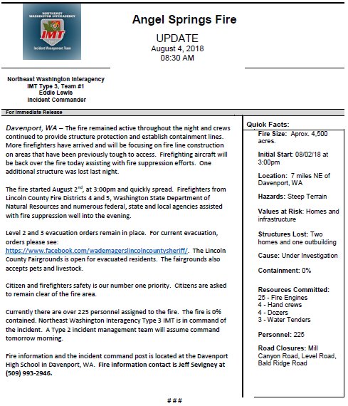 NEWIMT's tweet photo. Angel Springs Fire
8/4/2018 8:30am Update
#AngelSpringsFire #WaWILDFIRE #IMTTeam 1 https://t.co/gCV5CXh6PH