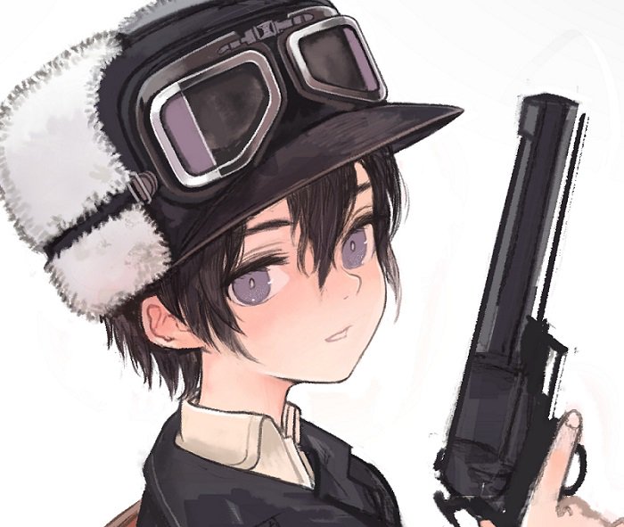 kino (kino no tabi) 1girl gun hat weapon holding weapon solo goggles on headwear  illustration images