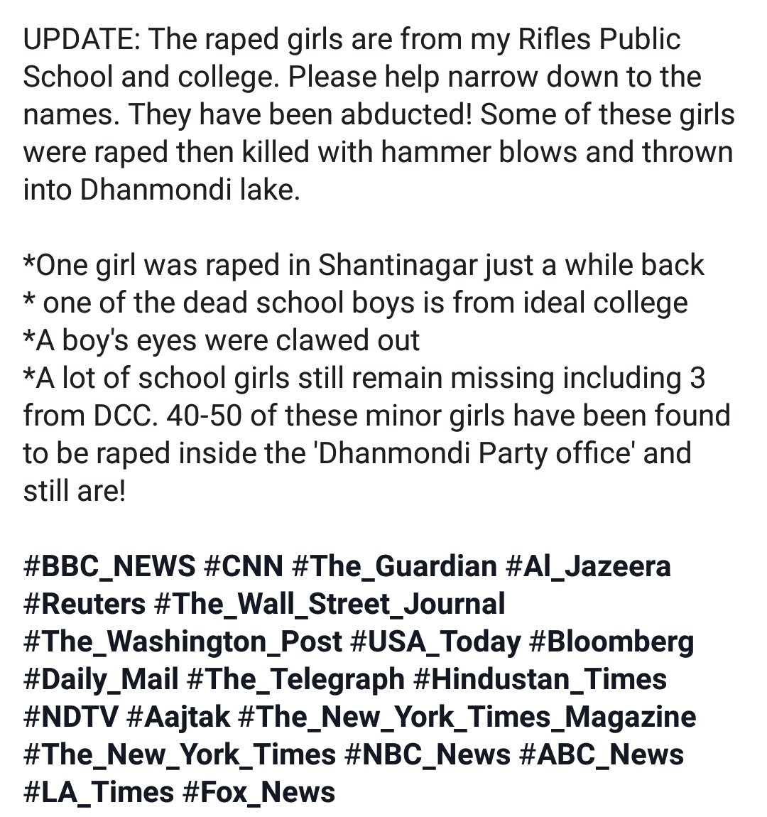 NazihaAlam's tweet photo. @BBCWorld @BBC @cnni @CNN @WSJ 
#WeWantJustice Our media is not covering this. Please help. https://t.co/Hz7rIHEwfr