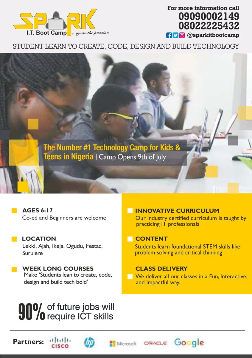 sparkitbootcamp's tweet photo. Spark IT Bootcamp is pleased to announce that our Ikeja Location is now available! Here is our flyer for the new location as well as the courses available for the dates. Kindly email us at hello@sparkitbootcamp.com and call the numbers included for more information if needed. https://t.co/u5Sjq1z0vh