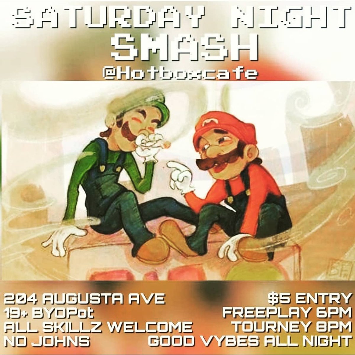 PotGeek's tweet photo. Tonight, @hotboxcafe joins forces with Me and @inkieface to bring you another #action packed SATURDAY NIGHT SMASH!
#freeplay starts at 6pm, #tournament kicks off at 8 with $25 #cashmoney going to the evenings #digitaldominator
Grab your #buds #roll out and get your #SMASH ON! https://t.co/GUM7kqBYhF