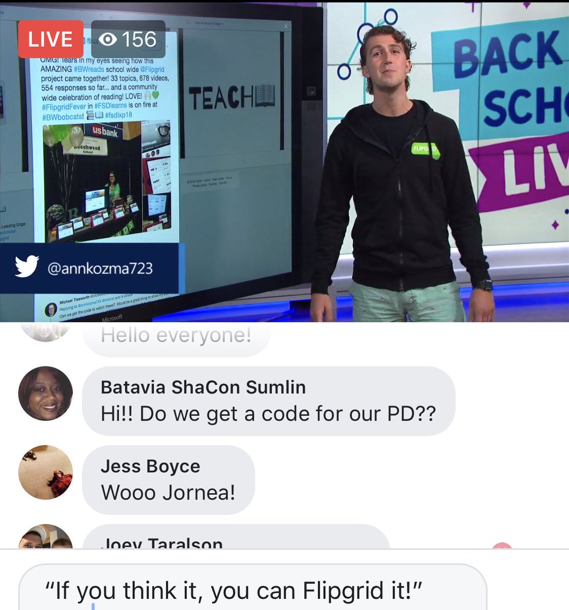 annkozma723's tweet photo. Hey #BWbobcats! Shoutout to YOU on @MicrosoftEDU #BackToSchool LIVE today for your #BWreads @Flipgrid! I spy @mrsmcdoug on the screen! @BobcatGraham @hannah_lim4 @AdamShortShorts rocked the 1st Period opening! #flipgridfever πππΌ https://t.co/1BezbsmWuS