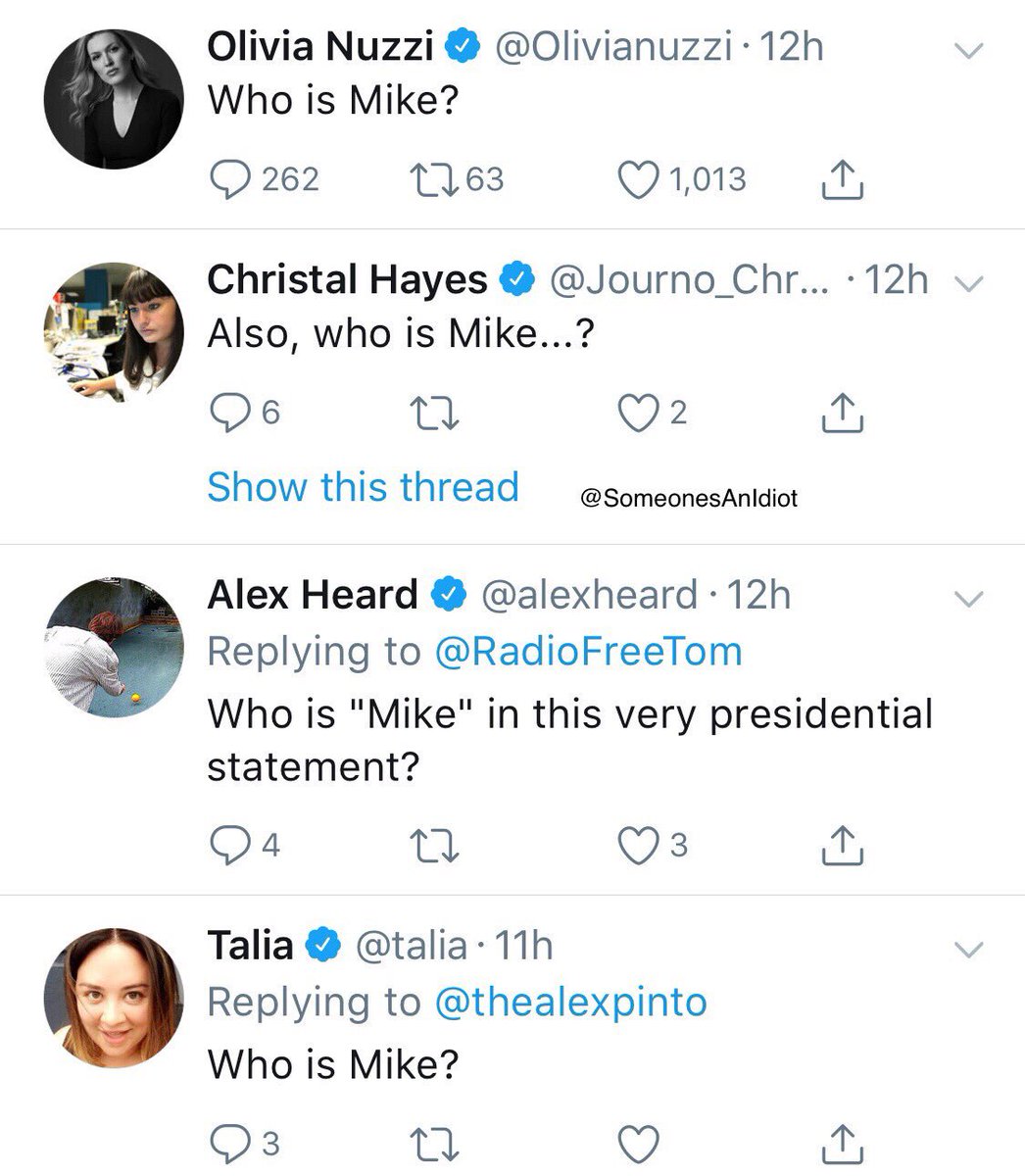 SomeonesAnIdiot's tweet photo. President Trump tweeted “I like Mike” at the end of his LeBron tweet and numerous blue checks and people somehow had no idea who he was referring to https://t.co/uZ72BFke2D