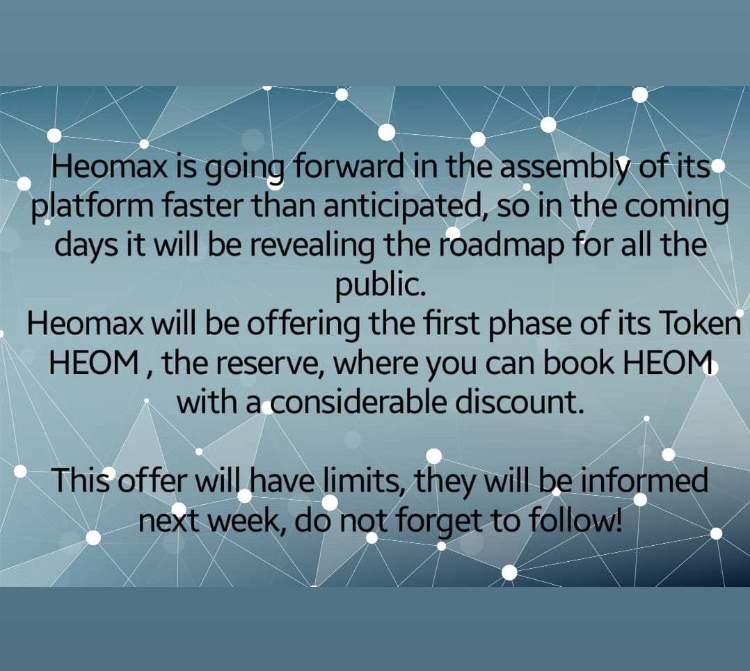 HEOMAX1's tweet photo. Soon the full roadmap of Heomax #heomax #roadmap #token #heom #reserve #discount #criptocurrency https://t.co/LMgwaRUmEq