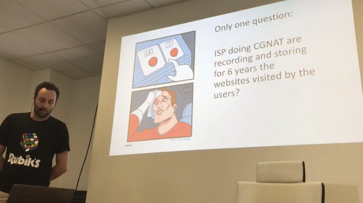 infoshaker's tweet photo. Just finished my talk about Carrier Grade NAT #CGNAT and #Privacy at @hackersembassy slides will be soon on the IHC website! Room was full thank you all! 🙏🏻 https://t.co/9gUWeaEp5P