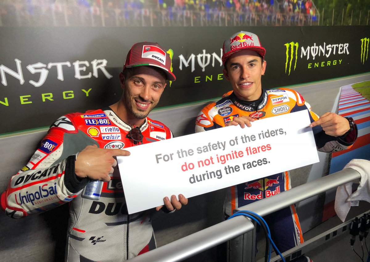 MotoGP's tweet photo. IMPORTANT NOTICE 🚨
Coming to the #CzechGP tomorrow? 

The riders have something to tell you... 

Please do not ignite flares during the race. It compromises the safety of the riders. https://t.co/VC9GbBD4nP