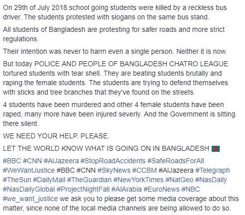 serispice's tweet photo. please bring awareness to #WeWantJustice! People are being killed, women are being raped, the people of Bangladesh need justice!   What their government is doing is just disgusting! Internet is being shut down to cover up the news and horrifying events occurring right now!@BBC https://t.co/LMHXnpELfW