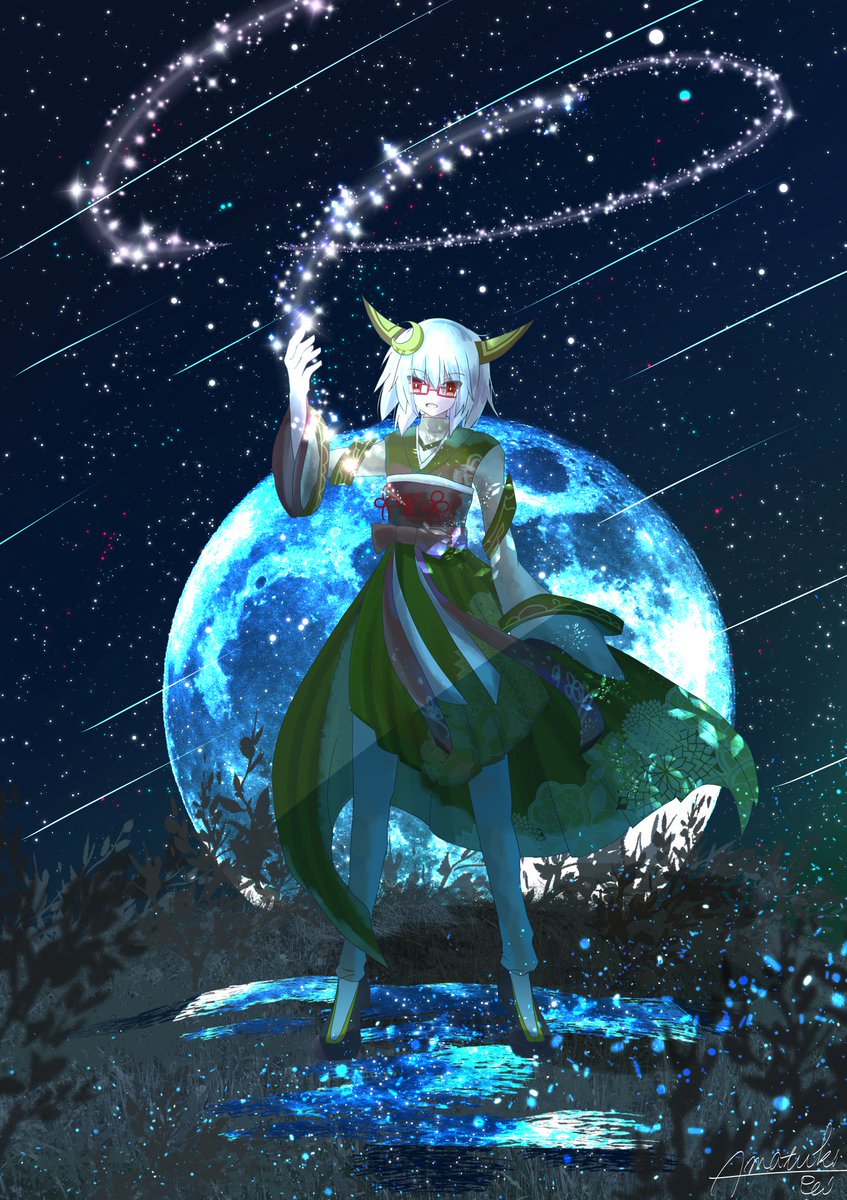 solo horns red eyes star (sky) white hair single horn japanese clothes  illustration images