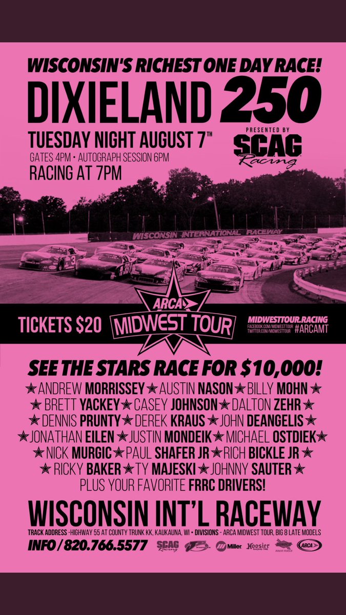 Watch @RichBickleJr drive our #45 car to Victory Tuesday night! #Dixieland250 @WIRmotorsports #ARCAMT presented by @ScagPower