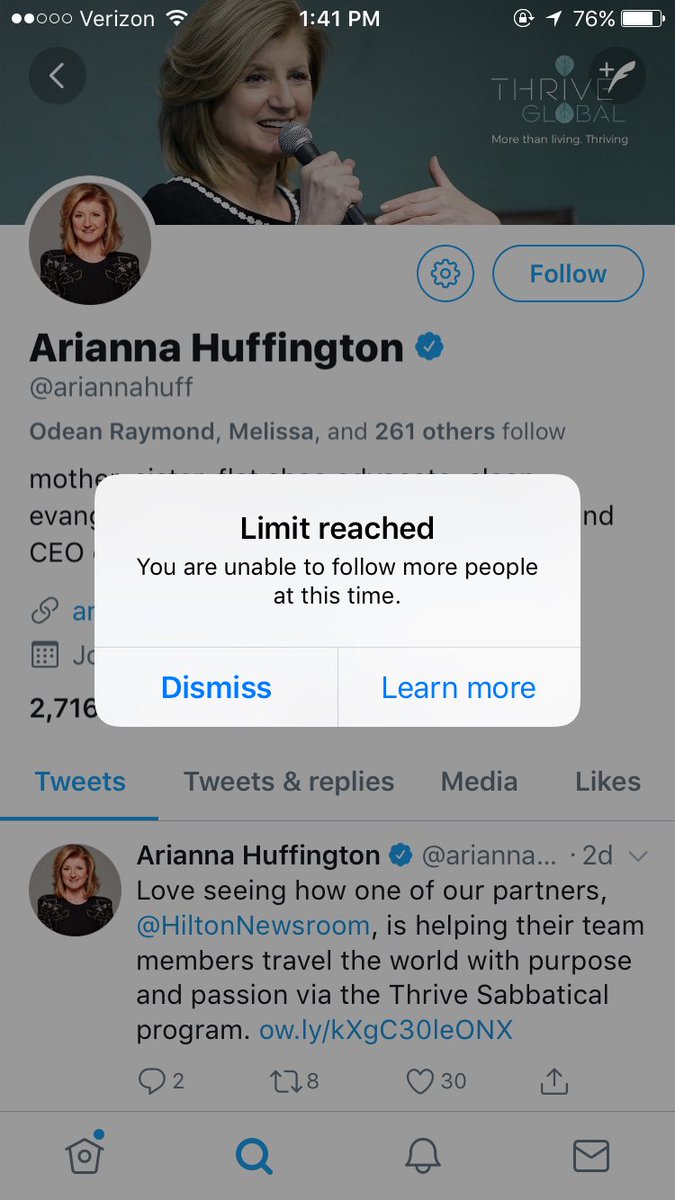 pebae_the_frog's tweet photo. Trying to follow ⁦@ariannahuff⁩ on ⁦@Twitter⁩ and my account isn't allowing me to do so. I'm getting a message about a "limit reached." What's that about?
#censorship https://t.co/8GXgZpFB5o