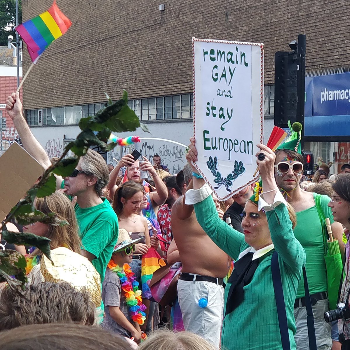 PulseofEuropeUK's tweet photo. A great placard, spotted today at @PrideBrighton being carried by @BHGreens. https://t.co/aZLtgU7s7Q