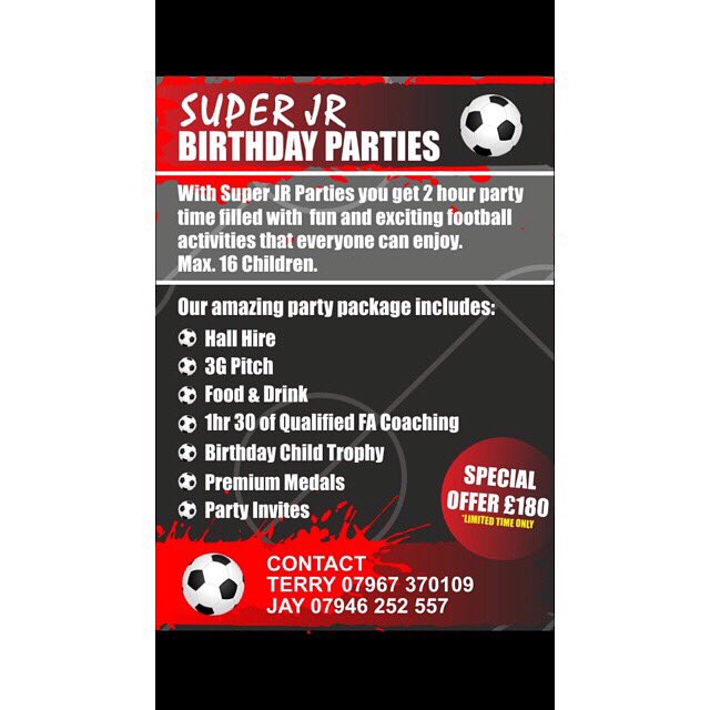 SuperJrs1's tweet photo. Is your child’s birthday coming up?⚽️🎁        
Why not book in today a party to remember with Super Jr’s and make them feel like a champion 🏆 
⚽️⚽️⚽️BOOK NOW⚽️⚽️
#party #FootballFriends #fun #football #sports https://t.co/3qL8dPJ4XT