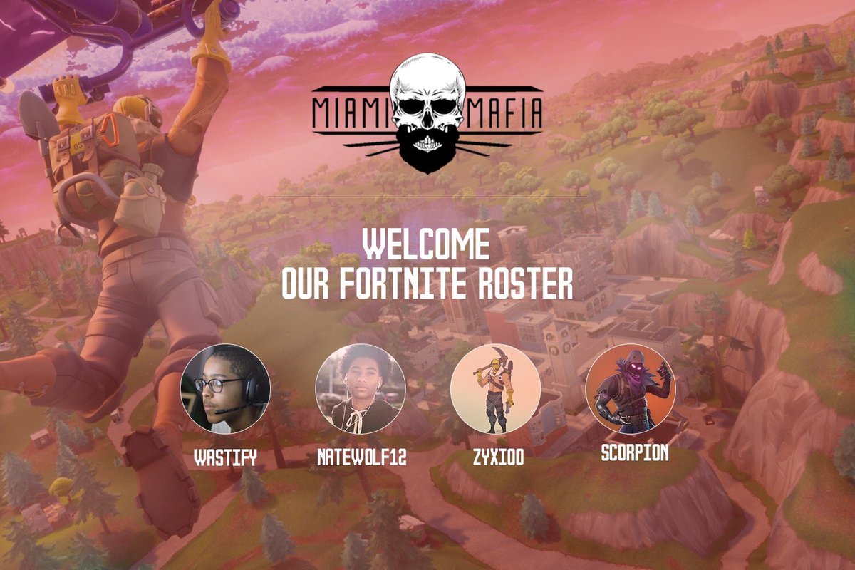 MiamiMafiaGG's tweet photo. We are extremely excited to announce our first Fortnite roster!!!

We cant wait to see these 4 players dominate the game! 

💥Drop Them A Follow💥
    
    💀@WastifyUS 
  
    💀@Zyxioo 

    💀@Scorp10nI 
 
    💀@Nathani36317688 

#MAFIASTRONG🔥 https://t.co/KLfJQTdlBg