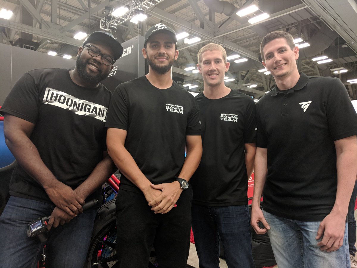 TMThrustmaster's tweet photo. Super happy to have the official Thrustmaster Racing team on site with us @ #RTXAustin to show us how it's done! Thanks for coming out @NickMcMillen80 @Tyrell_Meadows @JTLauro #thrustmasterpilot #simracing https://t.co/KvmX5AAscu