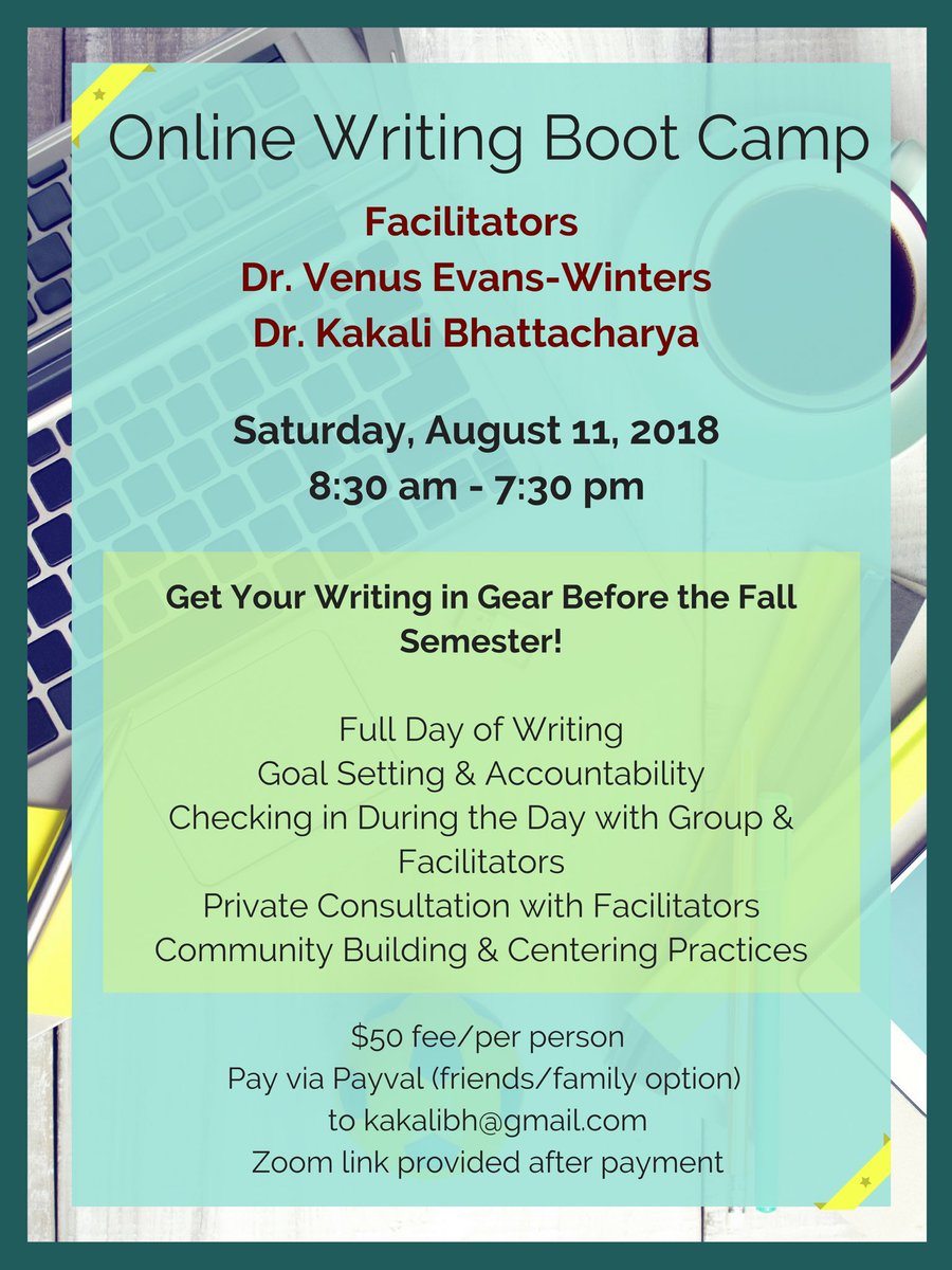 drkakali's tweet photo. @DrVEvansWinters and I are hosting an online writing boot camp next Saturday. You’ll get to write, consult with us, &amp; build community. No fancy paperwork to register, other than paying a nominal fee for our time. #Acwri #academicTwitter #higherded #phdforum #phdchat #phdadvice https://t.co/vaxxlSEKmt