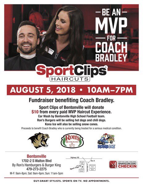 BHS_AT's tweet photo. Bentonville Family, please come support Coach Bradly tomorrow at SportsClips! 
Haircuts + food + car wash! https://t.co/bOnRpb8xtH