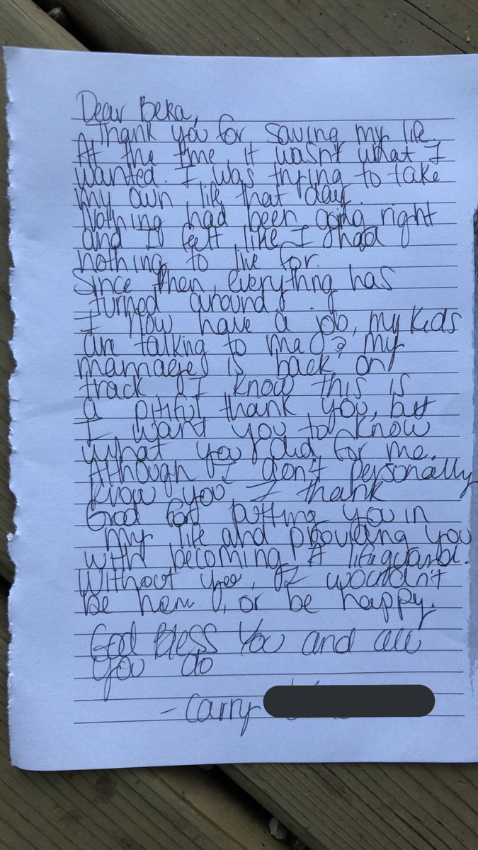 about 2 months ago, i was lifeguarding &amp; rescued a lady that had been drowning. however, she was so bitter after we were both out of the water. i was so confused by her reaction. today, i received this letter at work. i am in utter awe :’))