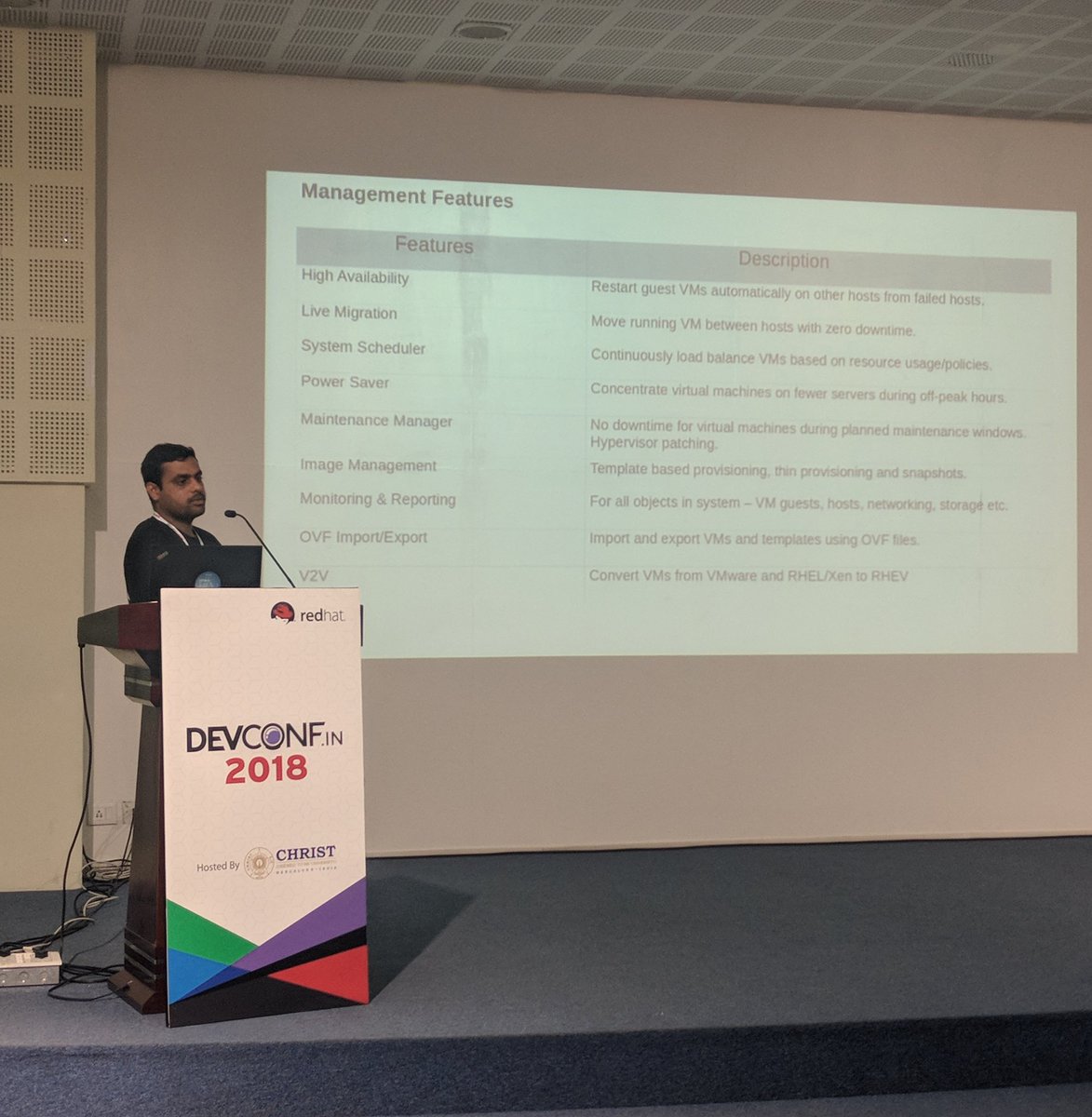 myron_cj's tweet image. Mr. Gobinda Das introducing oVirt and it&apos;s features. #DevConf #DevConf_IN #RedHat #defineFuture