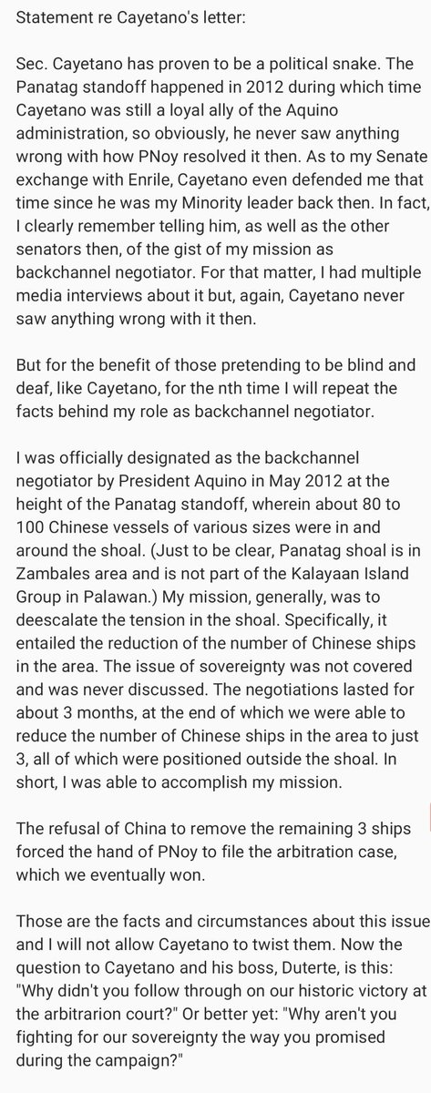 TrillanesSonny's tweet image. Statement re Cayetano's letter:

Sec. Cayetano has proven to be a political snake. The Panatag standoff happened in 2012 during which time Cayetano was still a loyal ally of the Aquino administration, so obviously, he never saw anything wrong with how PNoy resolved it then. As...
