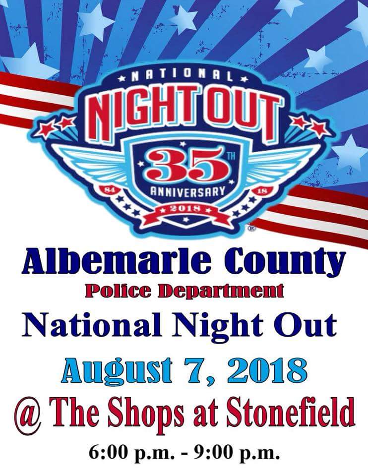 Don't forget about #NationalNightOut this Tuesday, August 7th!  Come out and meet officers from all shifts and specialties.  #CommunityPolicing  #Albemarle #Invest