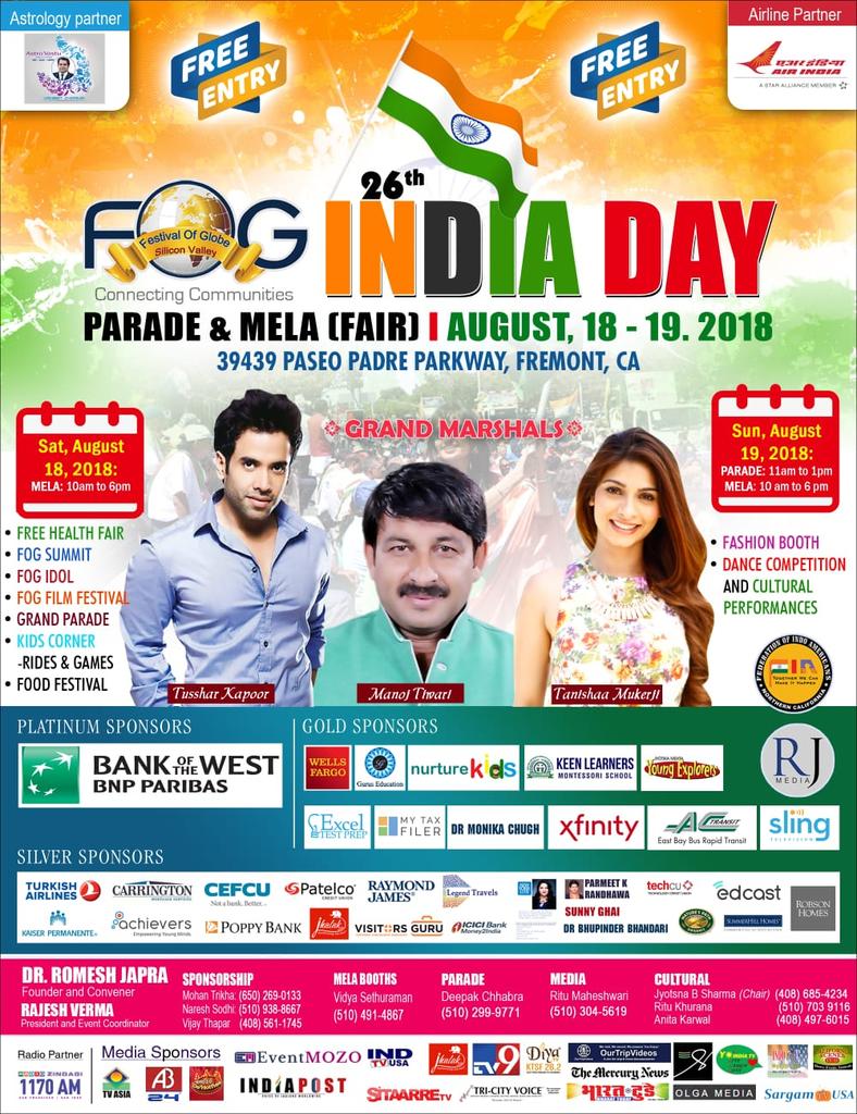 rkjapra's tweet photo. Celebrations of largest Democracy India in oldest Democracy U.S.A. ! FOG EXTRAVAGANZA will create Little India in Silicon Valley in 10 days for the whole week ! Let's Connect, Inspire and Empower communities by joining in 26th anniversary of India Day Parade and Mela Fair #FOGSV https://t.co/OcaRJN8NB6