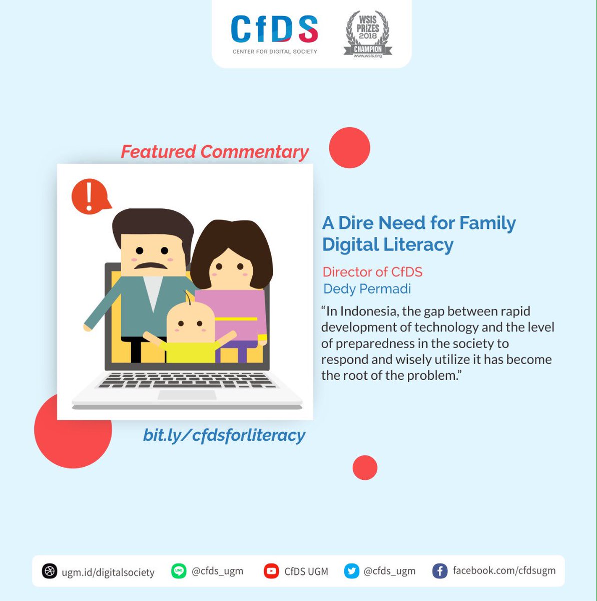 cfds_ugm's tweet photo. Simak pentingnya literasi digital dalam keluarga di #FeaturedCommentary yang ditulis oleh @ykbdedypermadi berikut ini. ๐ https://t.co/brQnvDyRTR
