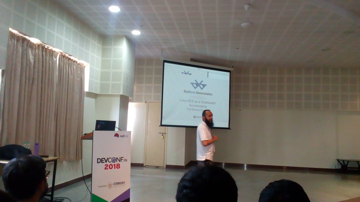 vipinonline's tweet image. Awesome session &quot;BlueBorne: Beware of Bluetooth!&quot; by @Sidhpurwala at @devconf_in #Redhat #devconf_in